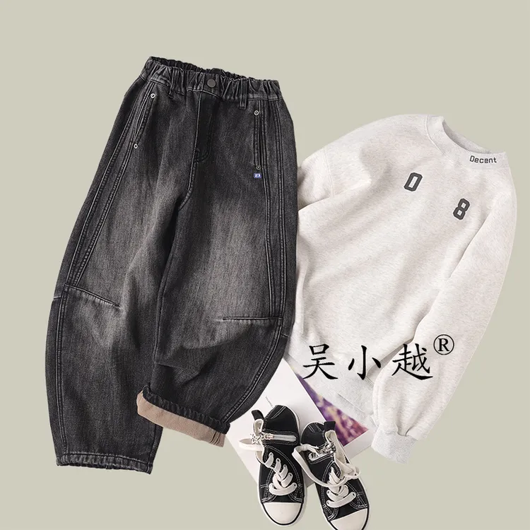 吴小越w1671男童加绒牛仔裤冬款刺绣痞帅男孩冬新款韩版潮童长裤