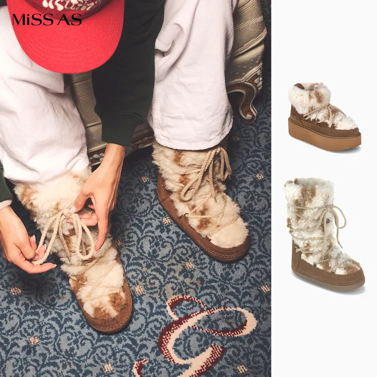 【INUIKII】淡褐色毛毛拼接系带短筒中筒雪地靴女款25秋冬