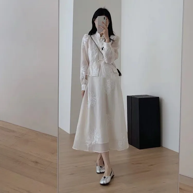 2025春季新款百搭国风盘扣长袖直筒半身裙时尚套装新中式