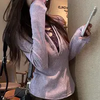 20 蕾丝拼接v领长袖t恤女秋冬纯欲风修身显瘦假两件短款上衣（D01）