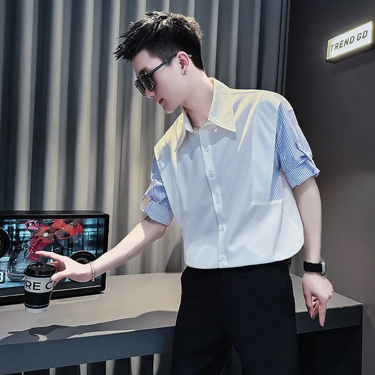 假两件冰丝男士短袖衬衫2025夏季新款设计感爆款上衣痞帅高端衬衣