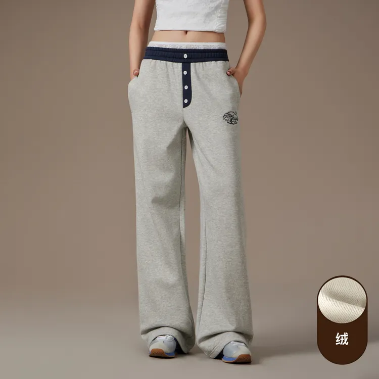 CHUU冬季女装撞色阔腿设计松紧腰字母绣花韩系休闲裤