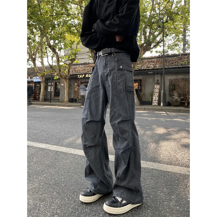 美式复古褶皱伐木工装裤男cleanfit水洗做旧直筒显瘦微喇弯刀裤子