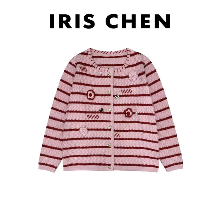 IRIS CHEN 花信子 2025冬“100绵羊毛350g”条纹休闲针织衫25SY1198