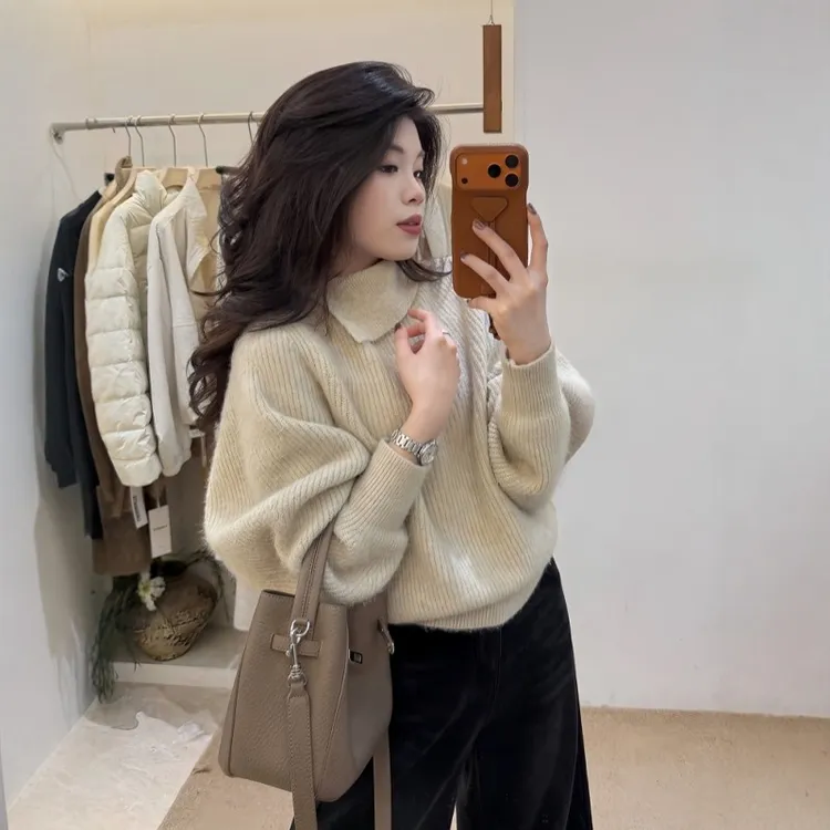大码女装慵懒风翻领蝙蝠袖毛衣针织衫秋冬加厚内搭打底衫软糯上衣