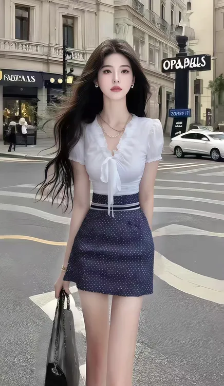 韩系名媛高端优雅白色修身短袖V领上衣+蓝色波点高腰包臀半裙套装