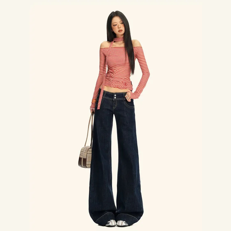 【嘉悦专属】MNGRL 复古深蓝色低腰直筒牛仔裤女丹宁蓝不贴腿喇叭裤辣妹拖地裤