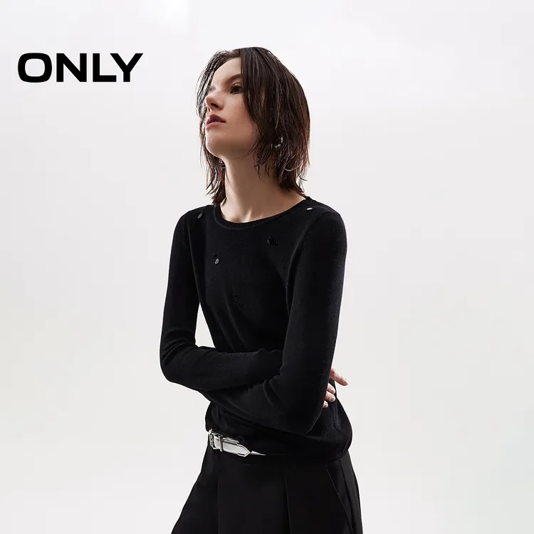 ONLY2025秋季新款亲肤柔软亮片装饰圆领长袖针织衫女|125324020
