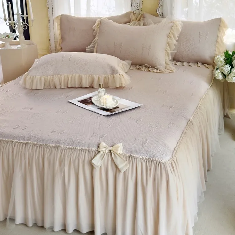 新疆西藏包邮夏季裸睡冰丝凉席蕾丝边床裙款三件套公主风纯色空调