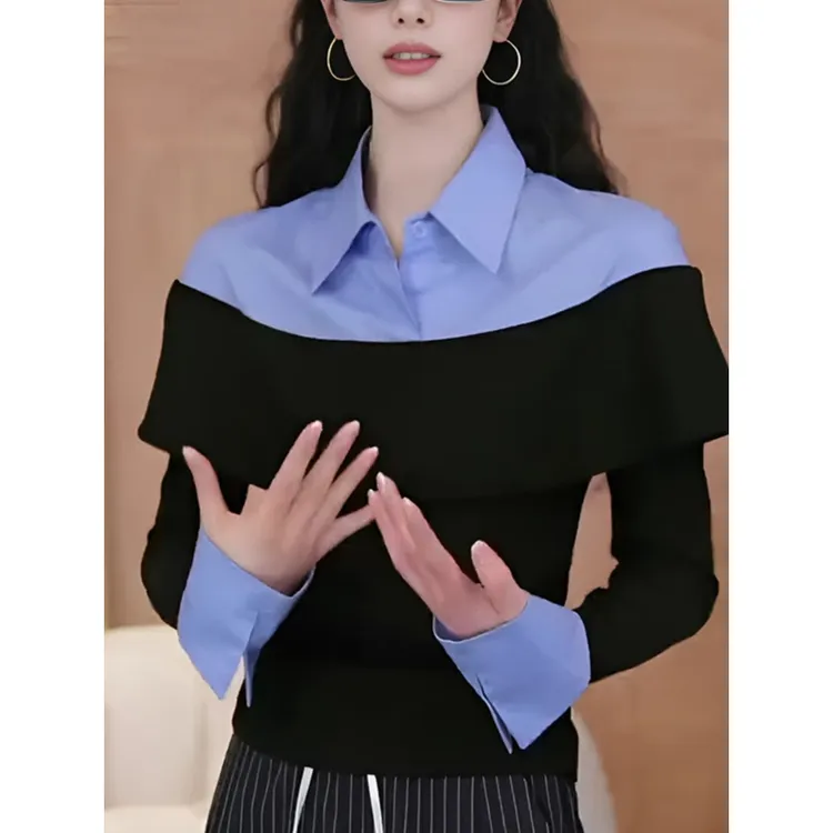 9721春秋新款温柔风假两件衬衫拼接百搭针织衫长袖上衣