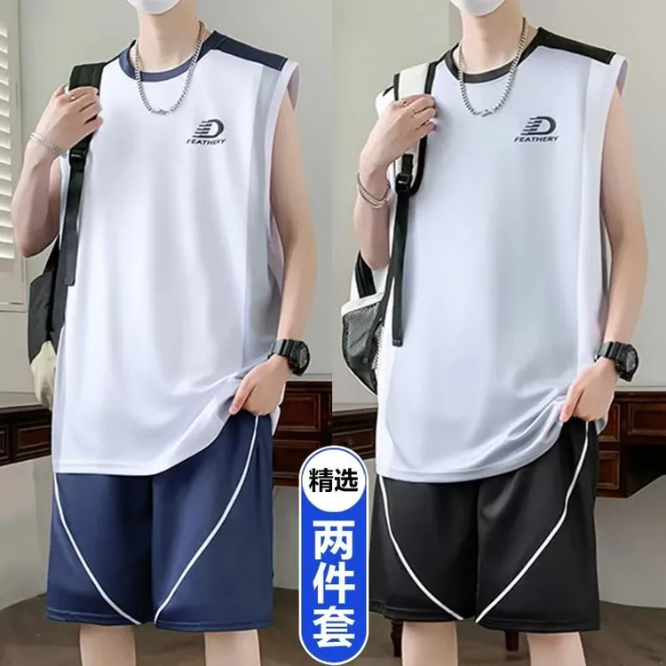 青少年夏季速干背心休闲运动套装宽松初中高中学生圆领篮球服一套