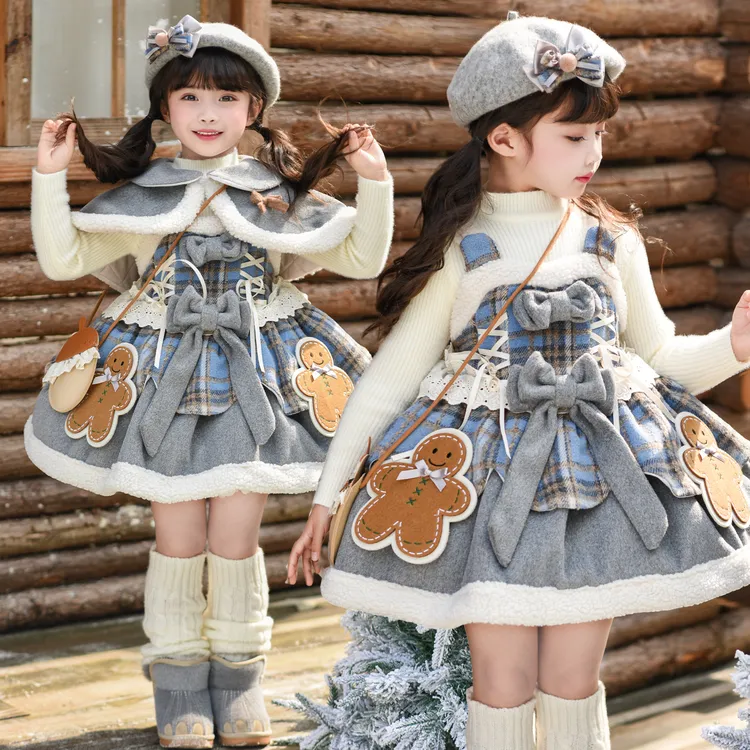 女童加绒洛丽塔连衣裙冬季儿童格子背带蓬蓬裙圣诞新年套装AM2509