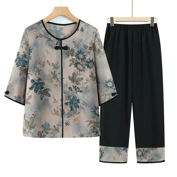 奶奶装春装中袖两件套妈妈装中老年人夏装薄款圆领套装70老人衣服