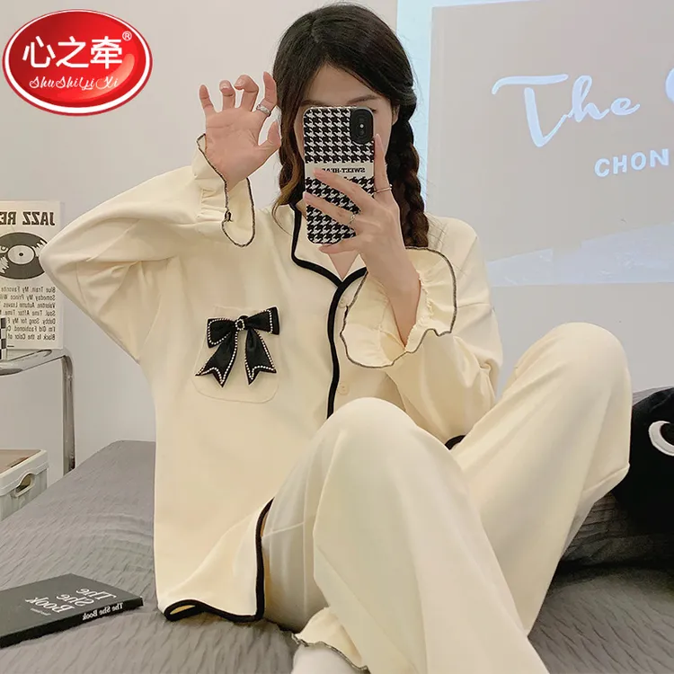 2025新款睡衣女春秋款爆款长袖长裤可爱蝴蝶结开衫秋季家居服套装