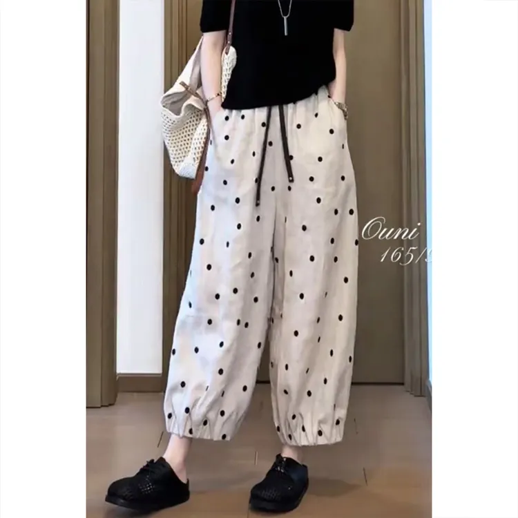 艾塔莉韩系波点时尚休闲裤女夏季新款宽松时尚遮肉显瘦休闲阔腿裤