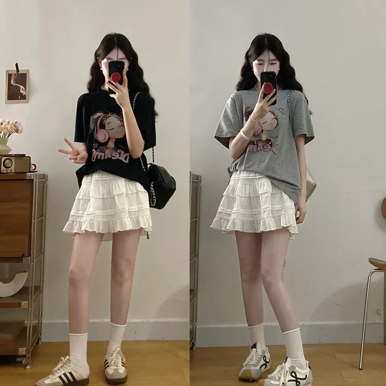 大码女装夏季新款卡通印花蕾丝镂空短袖上衣百搭蛋糕裙洋气两件套