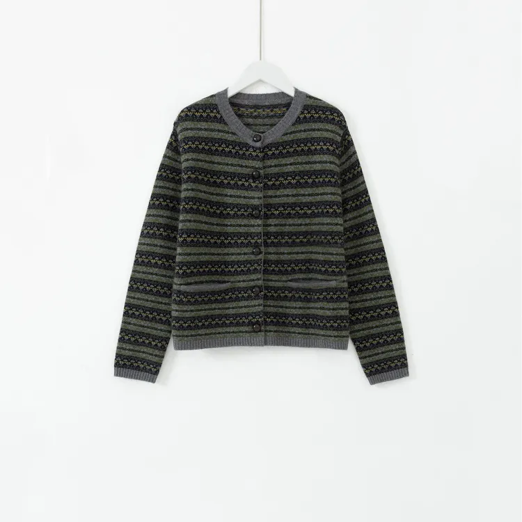 几里与麻 拼色圆领条纹提花针织开衫 2101355