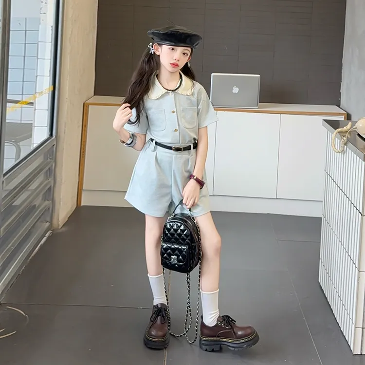 女童套装夏款2025中大童小女孩夏季甜美翻领短袖上衣短裤两件套潮