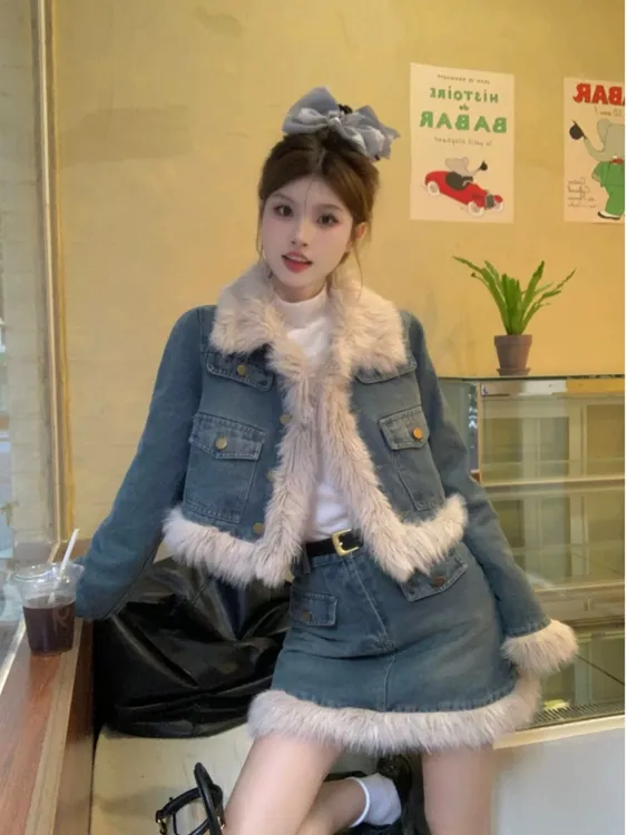 小香风牛仔套装女冬季2024新款毛绒夹棉外套半身裙加厚气质两件套
