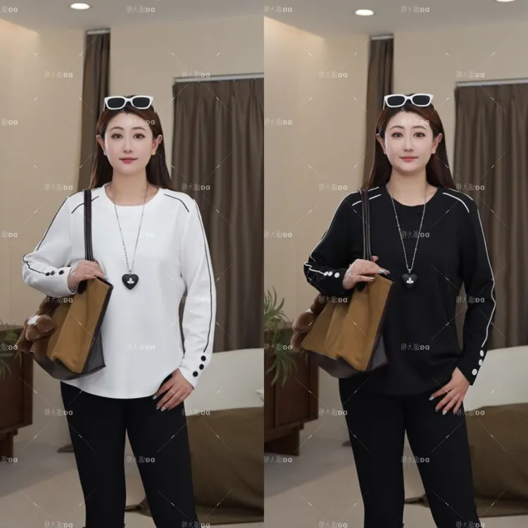 【秋款上新】PDM22555秋季新款圆领百搭显瘦袖口纽扣大码女装上衣