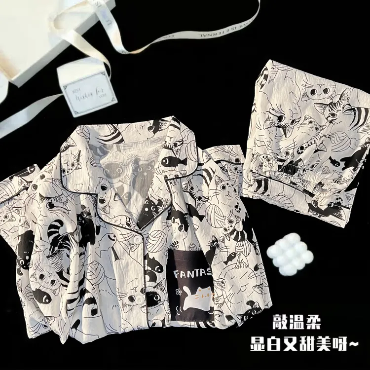 云朵绵睡衣女新款卡通黑猫春秋季甜美可爱长袖长裤家居服可外穿