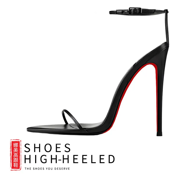 网红细带超性感高跟鞋一字带细跟红底时装凉鞋女黑色气质定制款