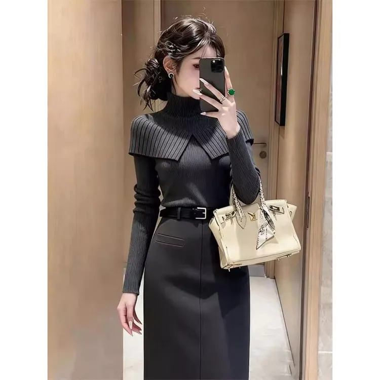 灰色斗篷披肩高领毛衣女2025秋冬新款巨好看气质修身显瘦针织套装