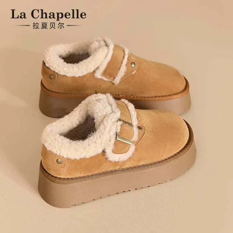 拉夏贝尔加绒勃肯鞋女2025新款冬季全包外穿毛毛鞋厚底雪地棉鞋女