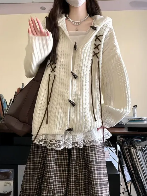 韩系甜美可爱兔耳朵麻花连帽针织毛衣女秋冬季学院风宽松外套开衫