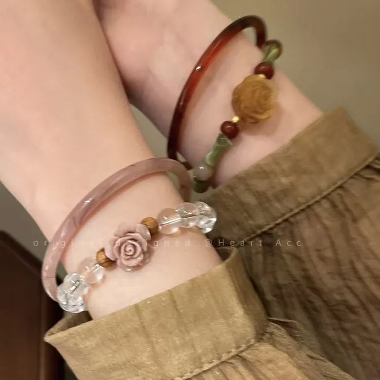 非金属树脂手链 新中式竹节玫瑰花朵百搭拼色手作串珠手链手镯