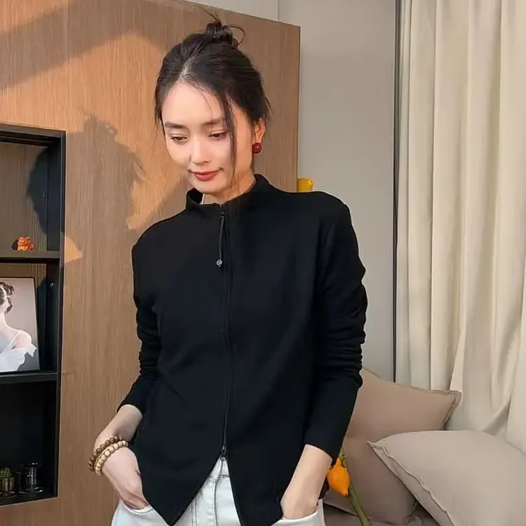 31053-立领通勤打底衫长袖女拉链拼接常规T恤纯色休闲风修身型