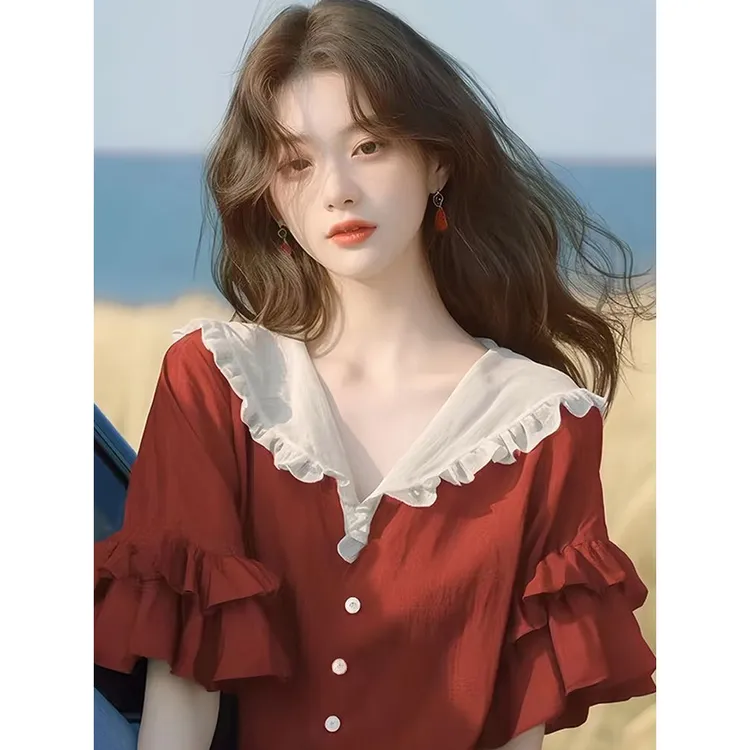 时尚短袖雪纺衬衫女2025新款夏季流行漂亮小衫宽松法式荷叶边上衣