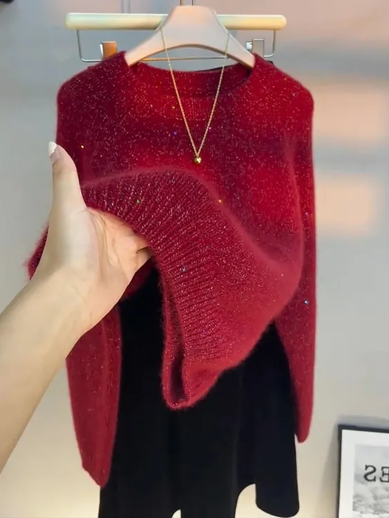 法式复古红色显白圆领软糯毛衣女秋冬2025新款时髦洋气亮片针织衫