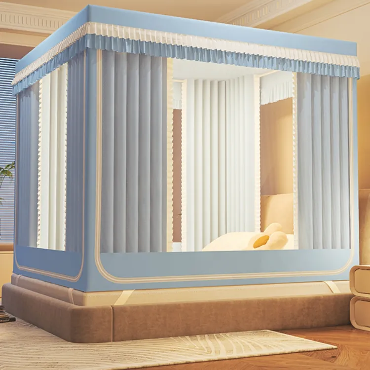 纯色防摔回底蚊帐遮光床帘一体式新款家用卧室高级儿童免安装防掉