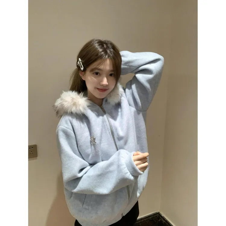 毛领拉链外套女秋冬季加绒加厚款百搭韩系慵懒风减龄高街连帽卫衣
