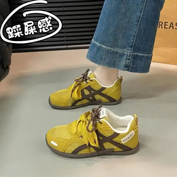 黄色德训鞋女2025新款夏季网面透气网鞋厚底运动休闲鞋系带阿甘鞋