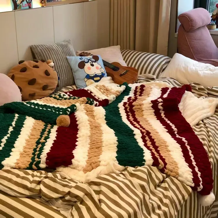 DIY手工编织圣诞美式复古风毯猫尾巴冰条线秋冬季午睡沙发盖毯冬