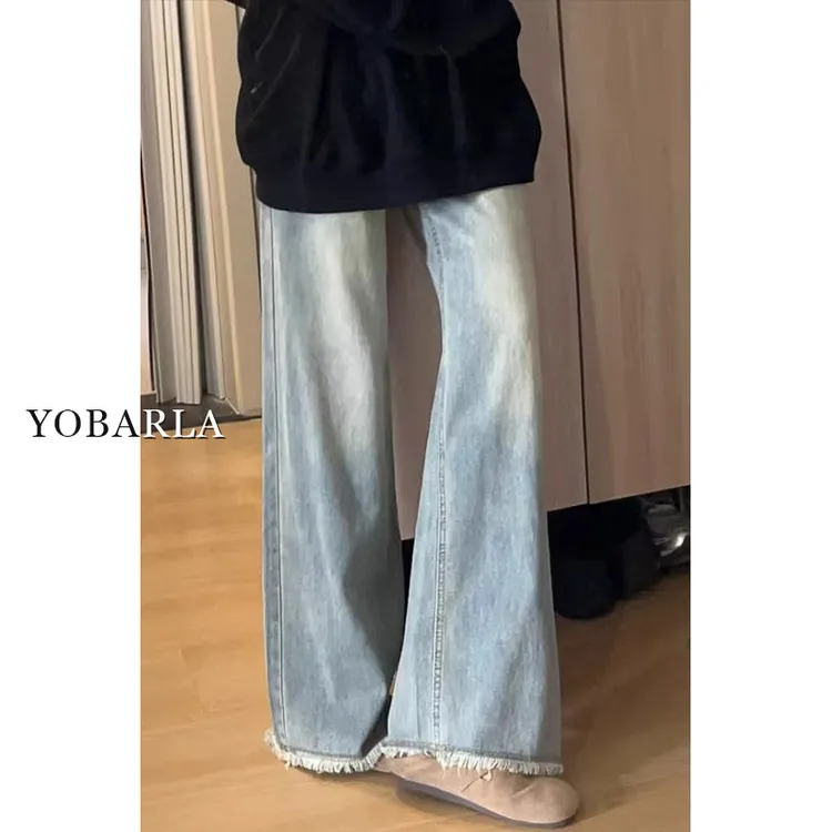 怀旧蓝复古毛边直筒牛仔裤女秋季新款大码胖mm高腰遮胯阔腿拖地裤
