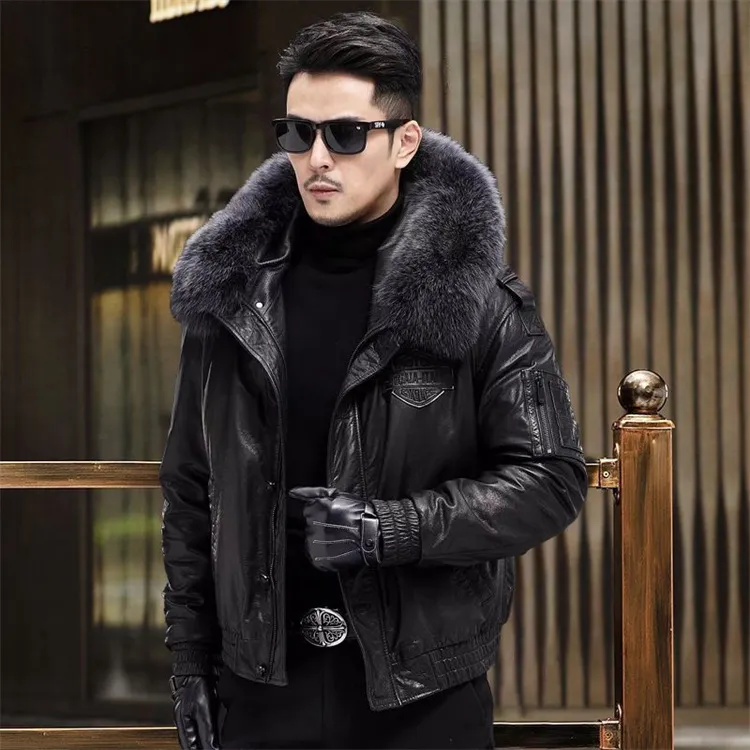 2025新款男真皮皮衣连帽羽绒服头层牛皮可脱卸内胆短款外套上衣