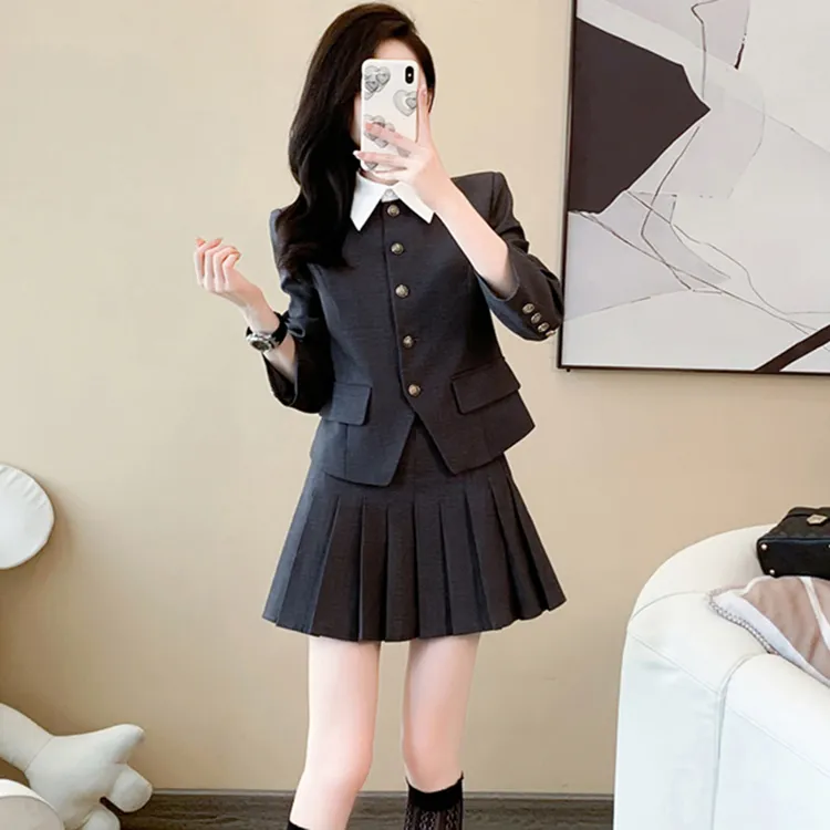【有里布】【两件套】学院风西装套装韩系减龄洋气时尚短裙女D0259