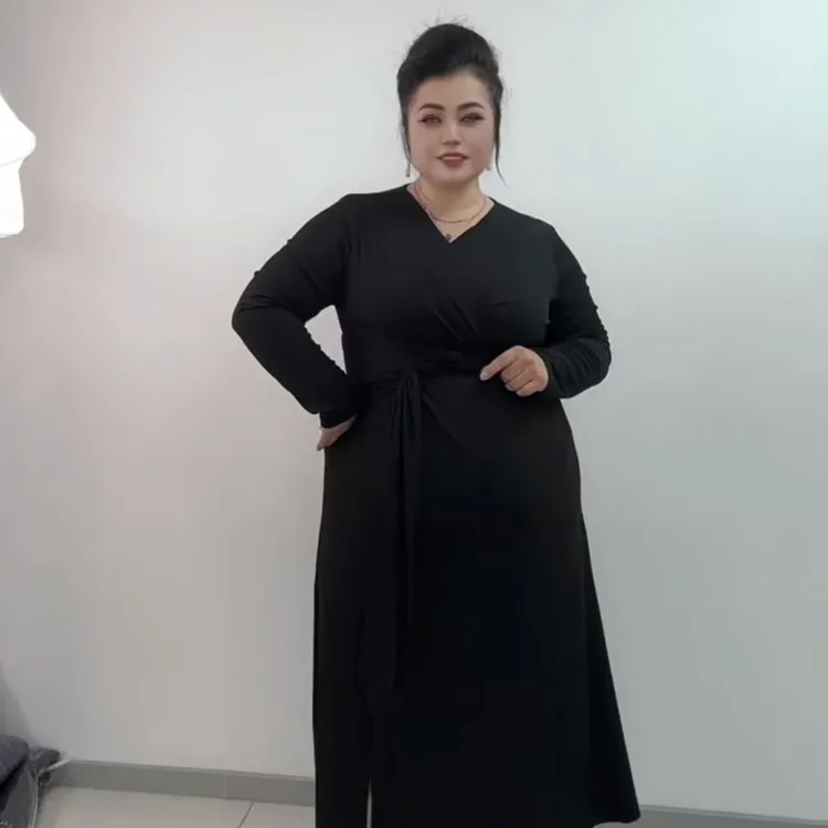 胖美女V领系带显瘦气质百搭长裙