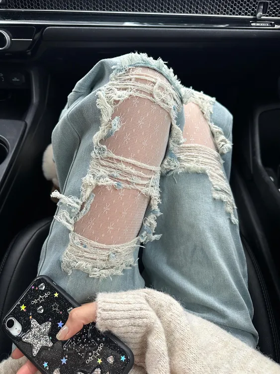 美式高街蕾丝拼接牛仔裤子女2025春复古设计感小众破洞拖地裤