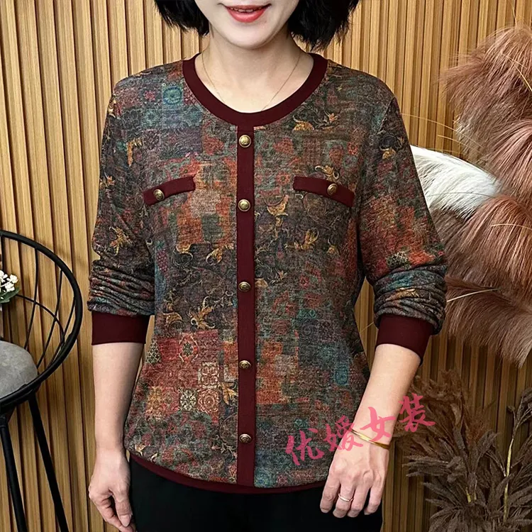 中老年女装秋季设计感撞色圆领百搭宽松显瘦洋气妈妈装长袖上衣