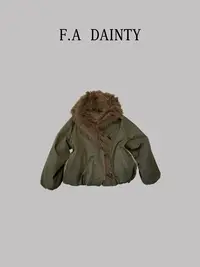 F.A[苍林]绿色翻领狐狸毛大毛领派克鹅绒服宽松显瘦短款