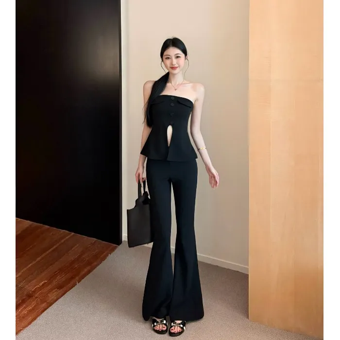 巨显身材套装纯欲修身开叉无袖抹胸背心女夏季微喇叭休闲裤两件套