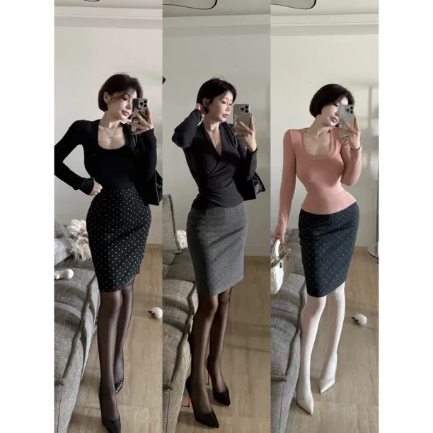 希野逸儿/韩版蕾丝拼接波点毛呢半身裙女2025新款显瘦A字包臀裙冬