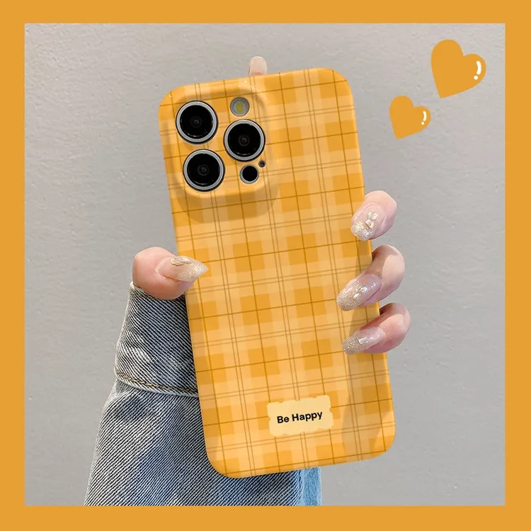 简约黄色格纹适用苹果16手机壳华为新款vivo防摔小米15oppo菲林壳
