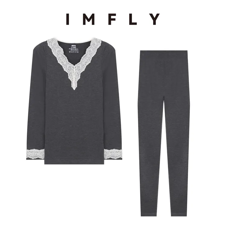 IMFLY金小金自制女装 保暖套装DYW10025蕾丝拼接秋衣秋裤两件套