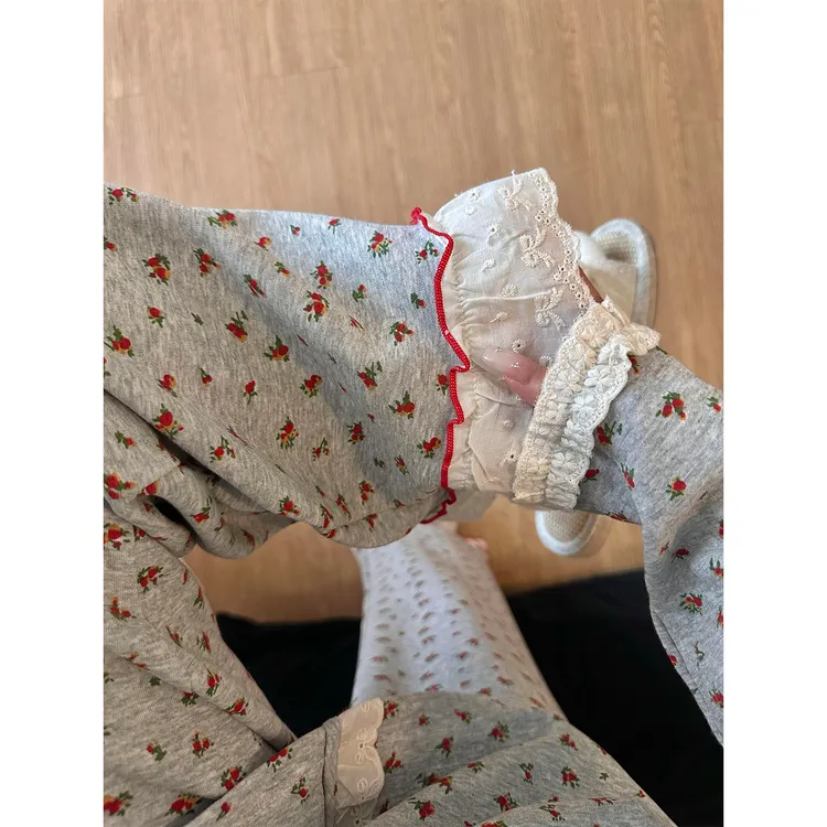 韩系甜美碎花长袖睡衣女女秋可外穿睡衣蕾丝花边家居服长裤两件套
