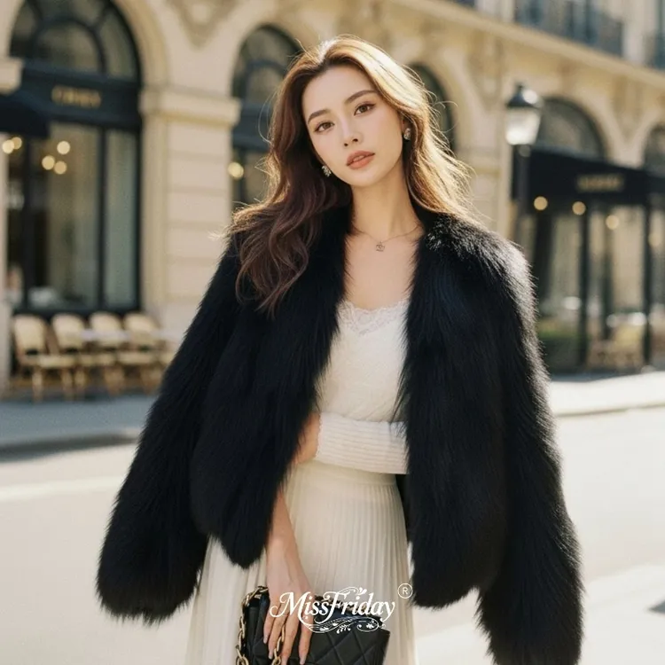 MissFriday｜黑天鹅狐狸毛腹毛坎毛天然皮草外套芬兰进口V领5772